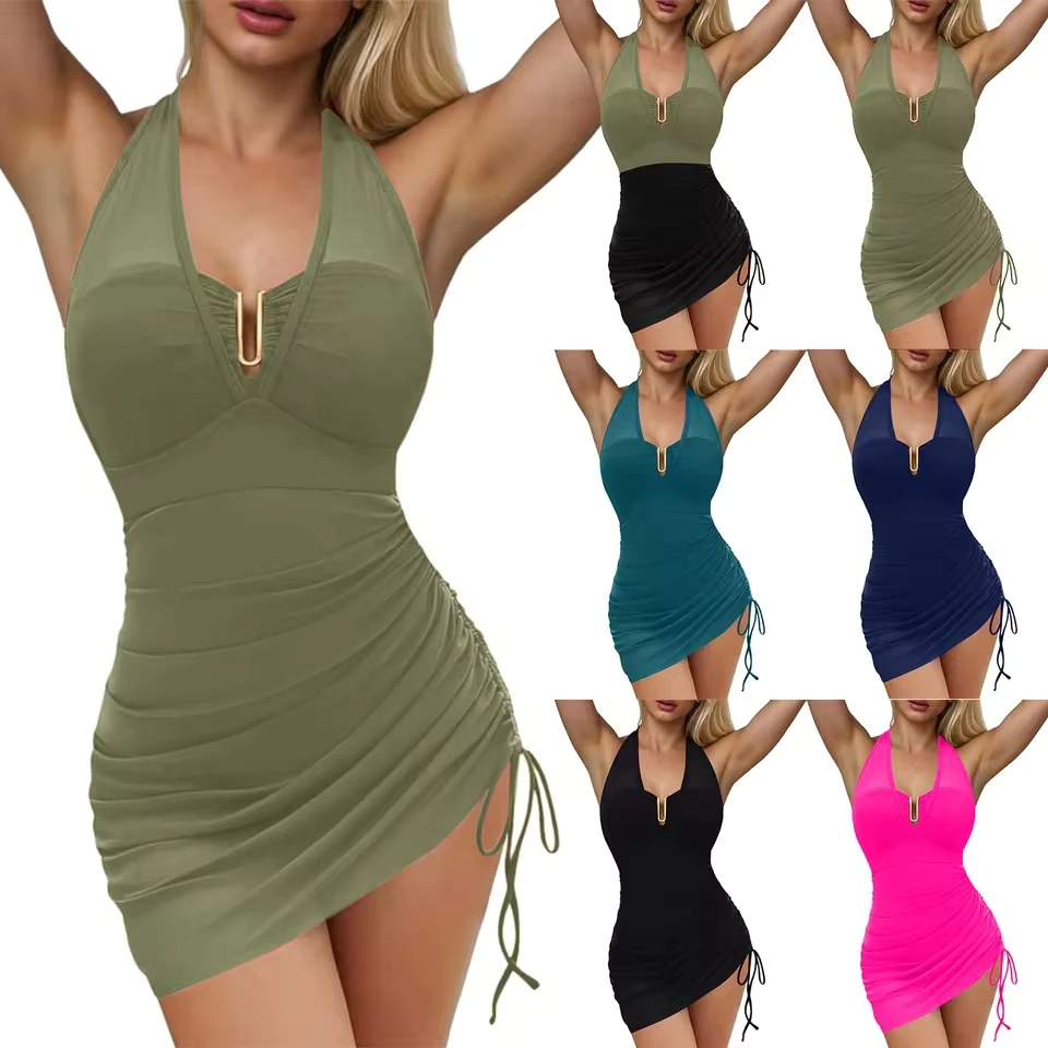 Womens One Piece Swimsuit Lady Girls Mesh Sarongs Swimsuit Dress Swimwear Costume Metal V Neck Sexy Bikini Drawstring
Womens One Piece Swimsuit Lady Girls Mesh Sarongs Swimsuit Dress Swimwear Costume Metal V Neck Sexy Bikini Drawstring