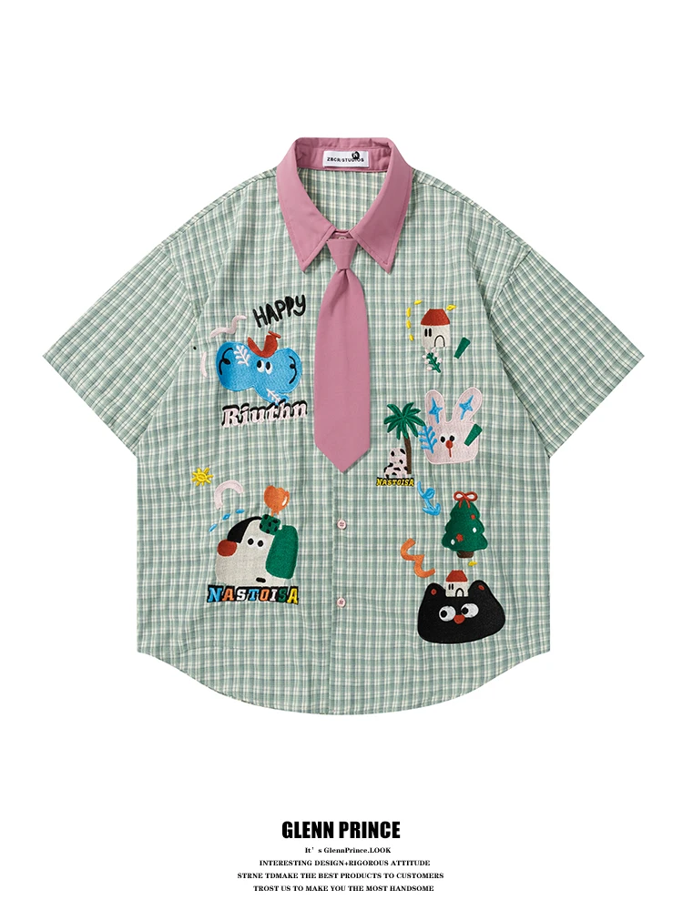 Cute Cartoon Embroidered Plaid Short Sleeve Shirt Men's Summer Unique Design Color Block Casual Top Polyester Fiber
Cute Cartoon Embroidered Plaid Short Sleeve Shirt Men's Summer Unique Design Color Block Casual Top Polyester Fiber