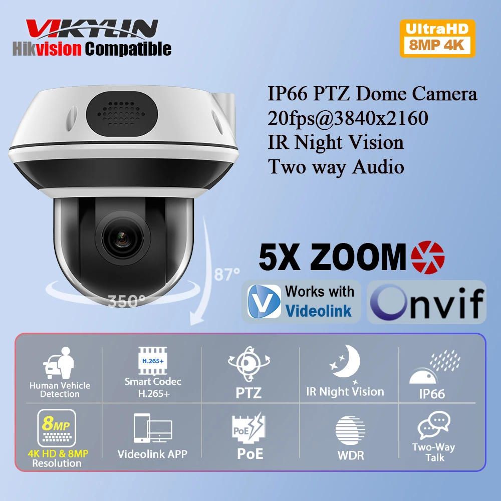 Vikylin 8MP Dome PTZ 5X Zoom IR Night Vision IP Seciruty Camera 2-way Audio Home CCTV IP66 Outdoor Video Surveillance Onvif
Vikylin 8MP Dome PTZ 5X Zoom IR Night Vision IP Seciruty Camera 2-way Audio Home CCTV IP66 Outdoor Video Surveillance Onvif