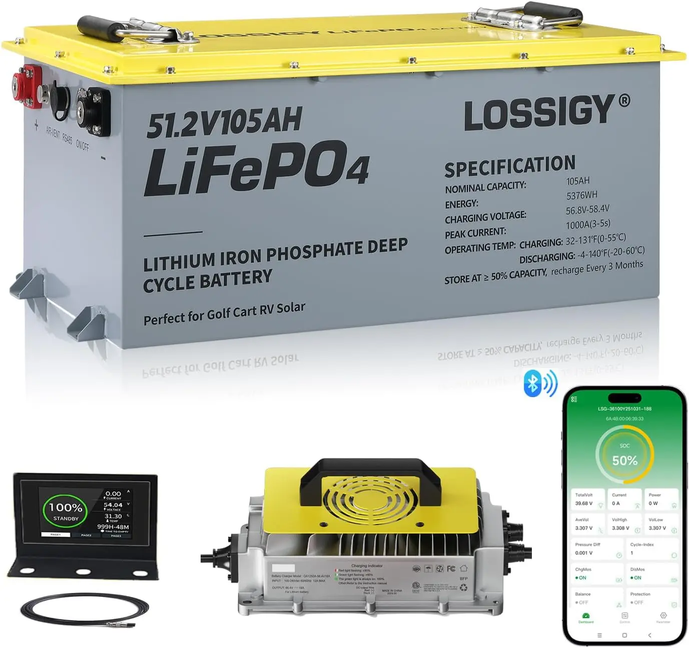 48V Lithium Golf Cart Battery, LiFePO4 Battery with 200A BMS, Peak Current 1000A(3-5S), Includes 18A Charger, Bluetooth APP
48V Lithium Golf Cart Battery, LiFePO4 Battery with 200A BMS, Peak Current 1000A(3-5S), Includes 18A Charger, Bluetooth APP