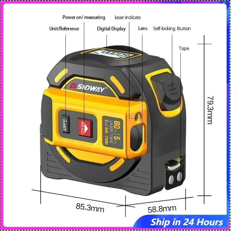 SNDWAY Laser Distance Meter 2 In 1 Laser Metric Tape Measure Meter Electronic Ruler Digital Rangefinder Self-Locking Hand Tool
SNDWAY Laser Distance Meter 2 In 1 Laser Metric Tape Measure Meter Electronic Ruler Digital Rangefinder Self-Locking Hand Tool