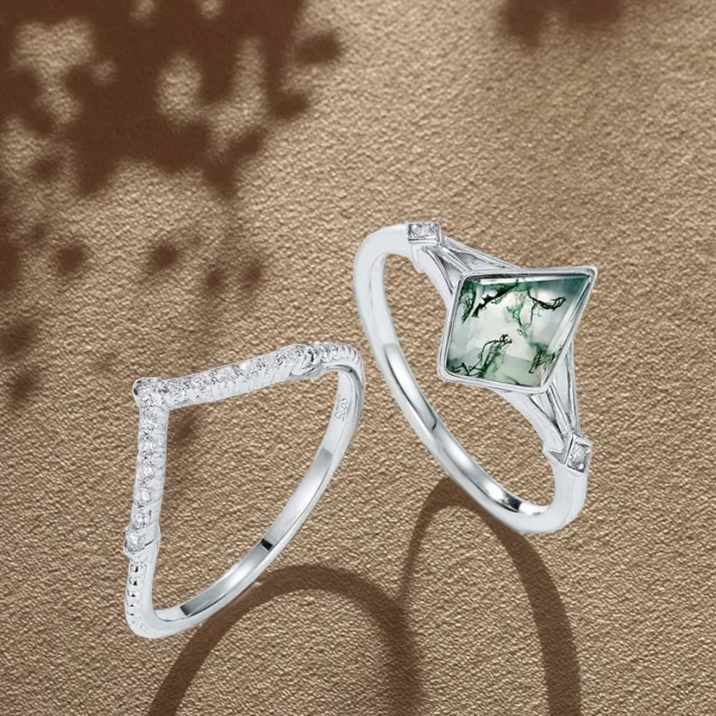 Kite Cut Moss Agate Engagement Ring Sterling Silver Split Accented Stacking Rings for Anniversaries Gift
Kite Cut Moss Agate Engagement Ring Sterling Silver Split Accented Stacking Rings for Anniversaries Gift