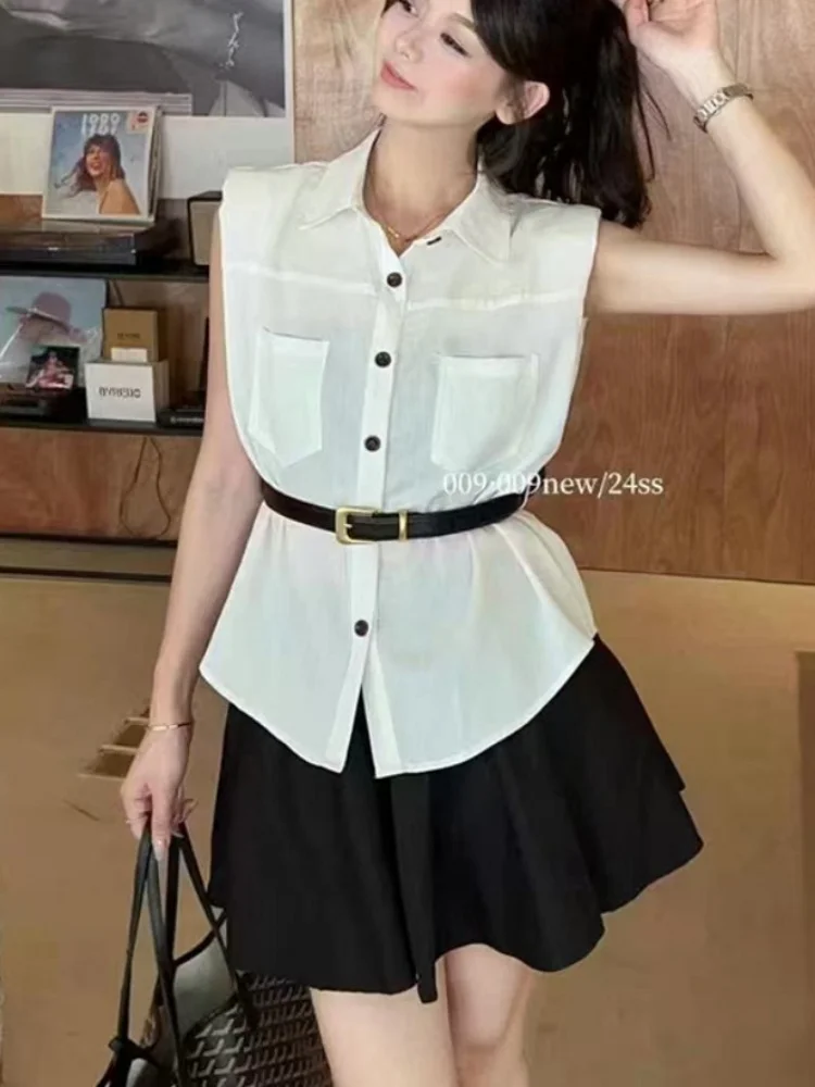 Frence Style Loose Waistcoat Sleeveless Wide Shoulder Pad Lapel Shirt Summer White Tops Solid Temperament Office Lady Streetwear
Frence Style Loose Waistcoat Sleeveless Wide Shoulder Pad Lapel Shirt Summer White Tops Solid Temperament Office Lady Streetwear