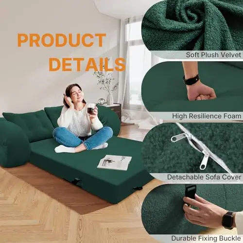 Green 78.7 Inch Foldable Sofa Bed With 4 Pillows, Detachable Velvet Cover And High Resilience Foam For Living Room Or Guest
Green 78.7 Inch Foldable Sofa Bed With 4 Pillows, Detachable Velvet Cover And High Resilience Foam For Living Room Or Guest