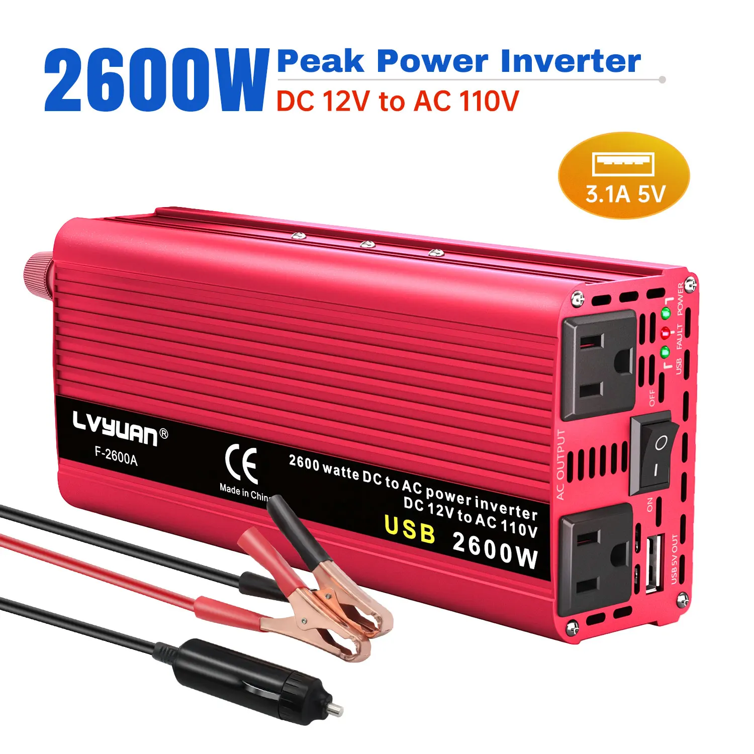 Power Inverter 1500W/2000W/2600W DC12 24V to AC120V 60Hz Dual US Socket&USB Output Camping/Traval/RV Power Supply
Power Inverter 1500W/2000W/2600W DC12 24V to AC120V 60Hz Dual US Socket&USB Output Camping/Traval/RV Power Supply