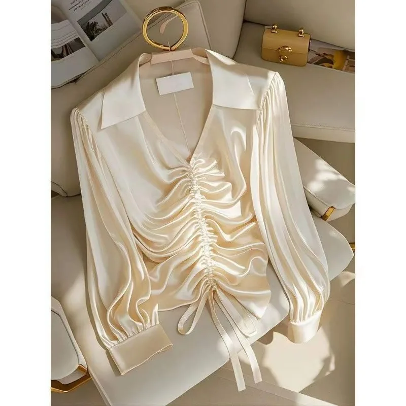 French Style Office Lady Champagne Acetic Acid Long-sleeved Shirt Women's 2025 Summer New Temperament Versatile Top
French Style Office Lady Champagne Acetic Acid Long-sleeved Shirt Women's 2025 Summer New Temperament Versatile Top