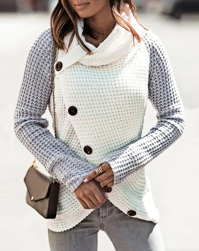 Women's Sweater Autumn Fashion Colorblock Buttoned Asymmetrical Casual Turtleneck Long Sleeve Daily Pullover Knit Sweater
Women's Sweater Autumn Fashion Colorblock Buttoned Asymmetrical Casual Turtleneck Long Sleeve Daily Pullover Knit Sweater