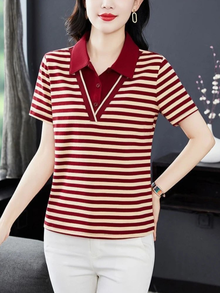 Women Summer New Striped Polo Collar Short Sleeve T Shirt Fashionable Contrast Color Slimming Top for Middle Aged Mom
Women Summer New Striped Polo Collar Short Sleeve T Shirt Fashionable Contrast Color Slimming Top for Middle Aged Mom