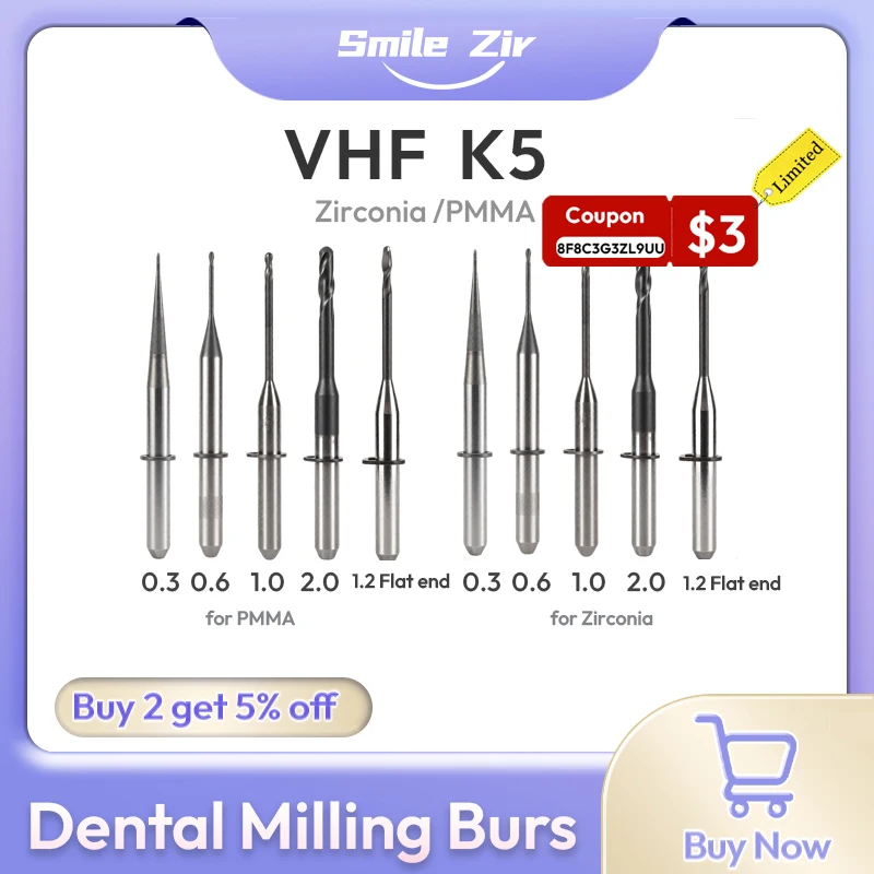 VHF K5 Dental Milling Burs for Zirconia PMMA DC NC Grinding Diamond Coating D3 Dental Lab Grinding CAD CAM Milling Drills
VHF K5 Dental Milling Burs for Zirconia PMMA DC NC Grinding Diamond Coating D3 Dental Lab Grinding CAD CAM Milling Drills
