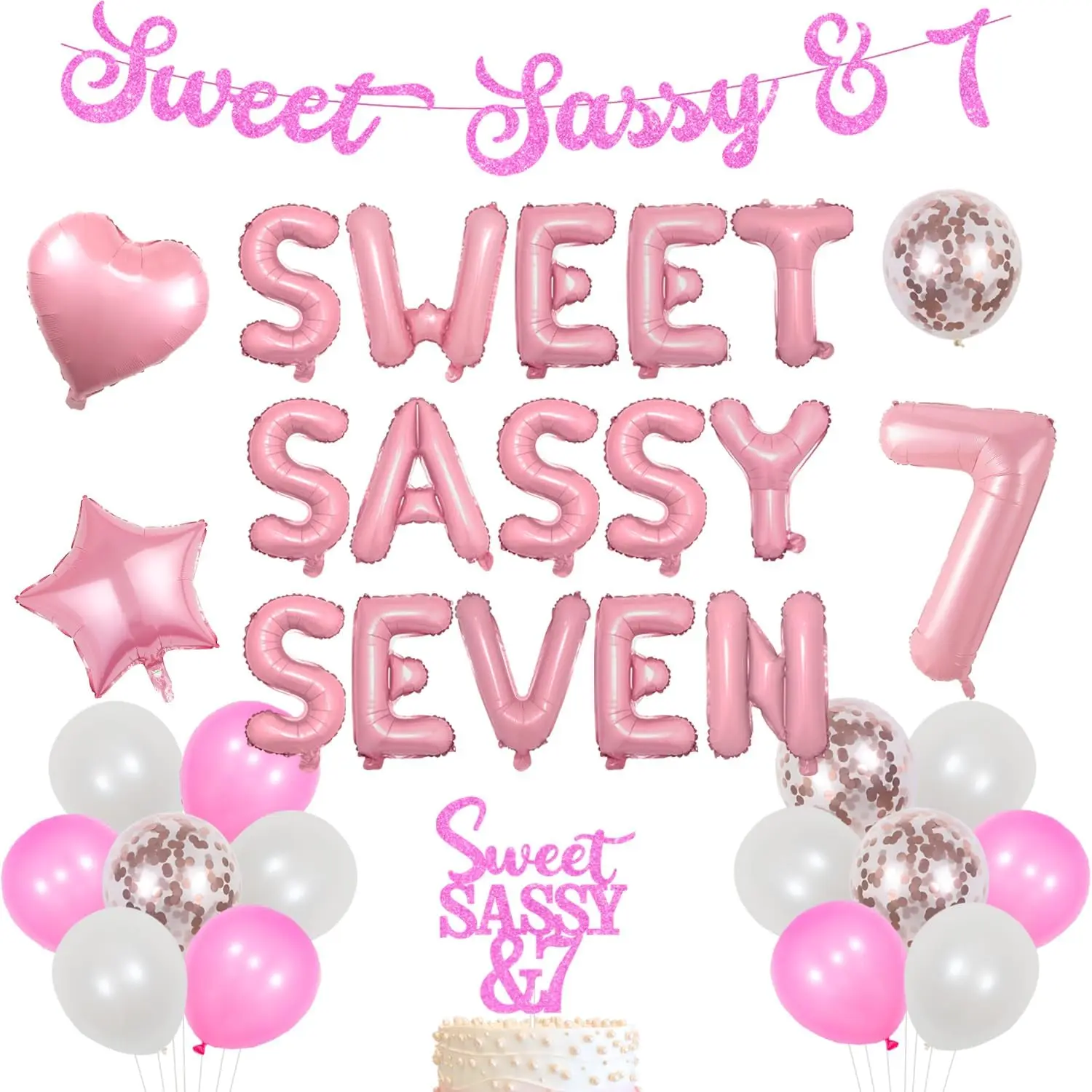 Sweet Sassy & Seven Birthday Decorations Pink Heart Star Balloon Banner with Pink Gold Glitter Letter Cake Toppers Party Supplie
Sweet Sassy & Seven Birthday Decorations Pink Heart Star Balloon Banner with Pink Gold Glitter Letter Cake Toppers Party Supplie
