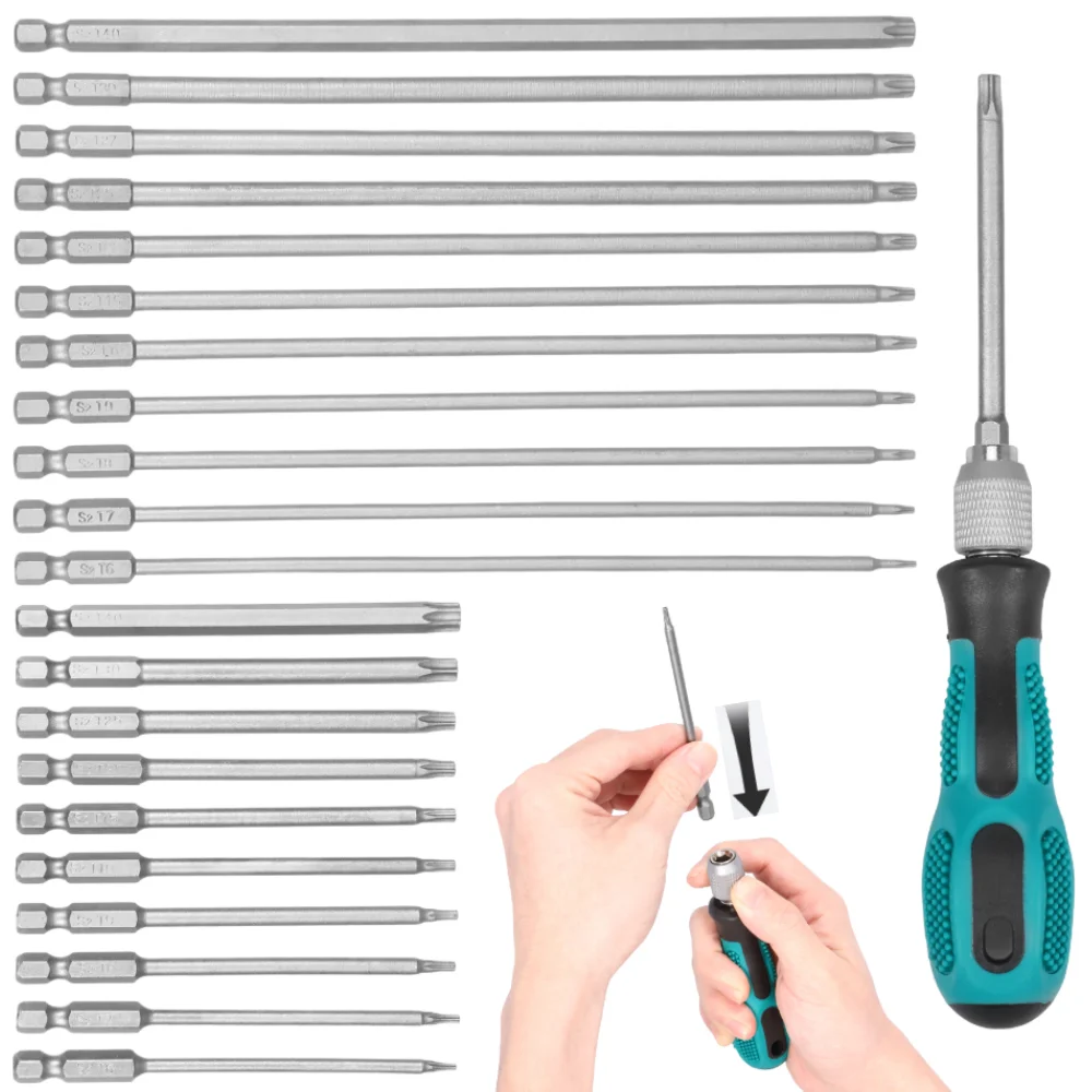 Набор удлиненных отверток Torx, 23 шт., сверла с магнитной головкой и звездочкой, шестигранный хвостовик 1/4 дюйма для деревообработки, авторемонта
Набор удлиненных отверток Torx, 23 шт., сверла с магнитной головкой и звездочкой, шестигранный хвостовик 1/4 дюйма для деревообработки, авторемонта