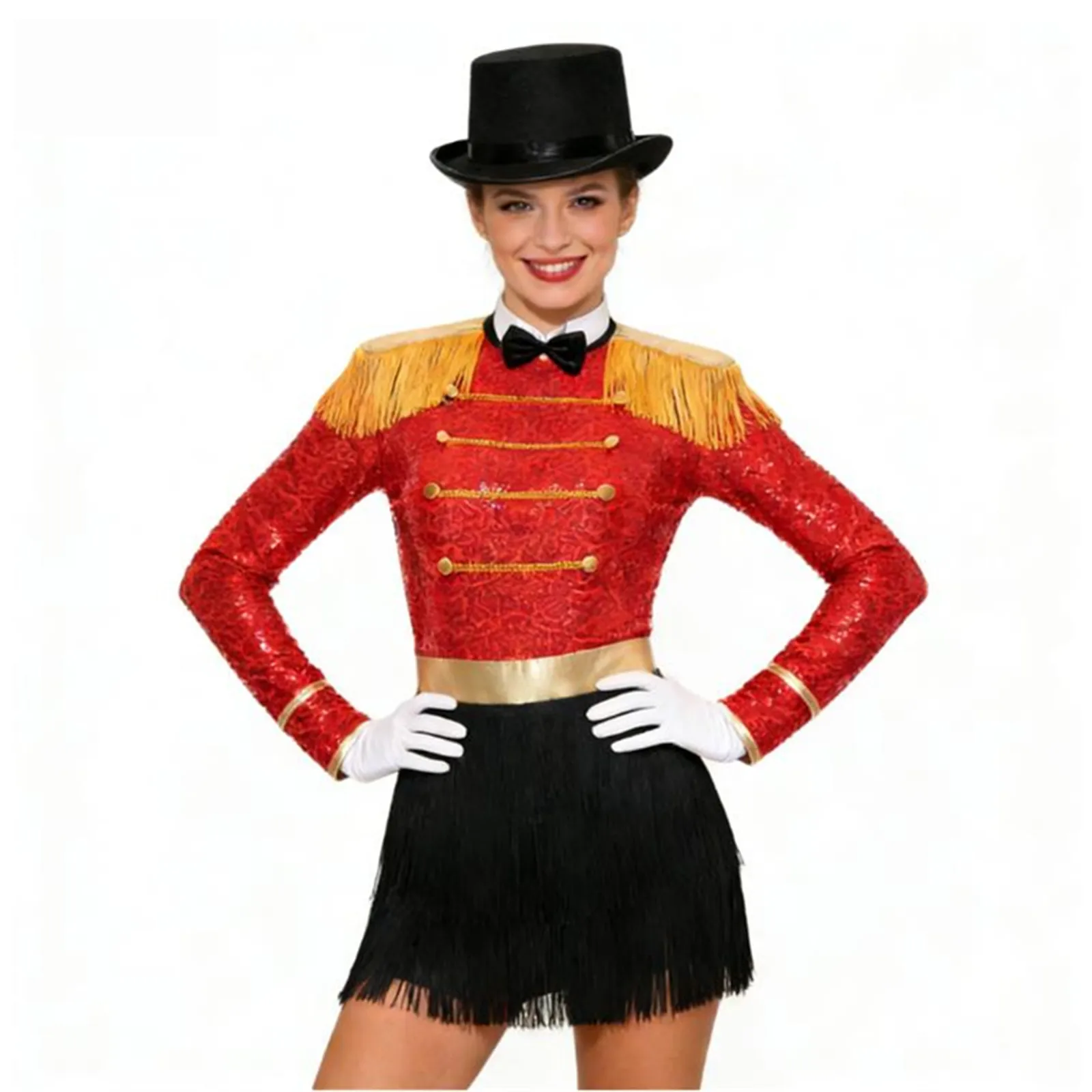 Womens Circus Ringmaster Magician Carnival Theme Party Cosplay Costume Tassel Tiered Fringe Bodysuit with Hat Bowtie And Gloves
Womens Circus Ringmaster Magician Carnival Theme Party Cosplay Costume Tassel Tiered Fringe Bodysuit with Hat Bowtie And Gloves