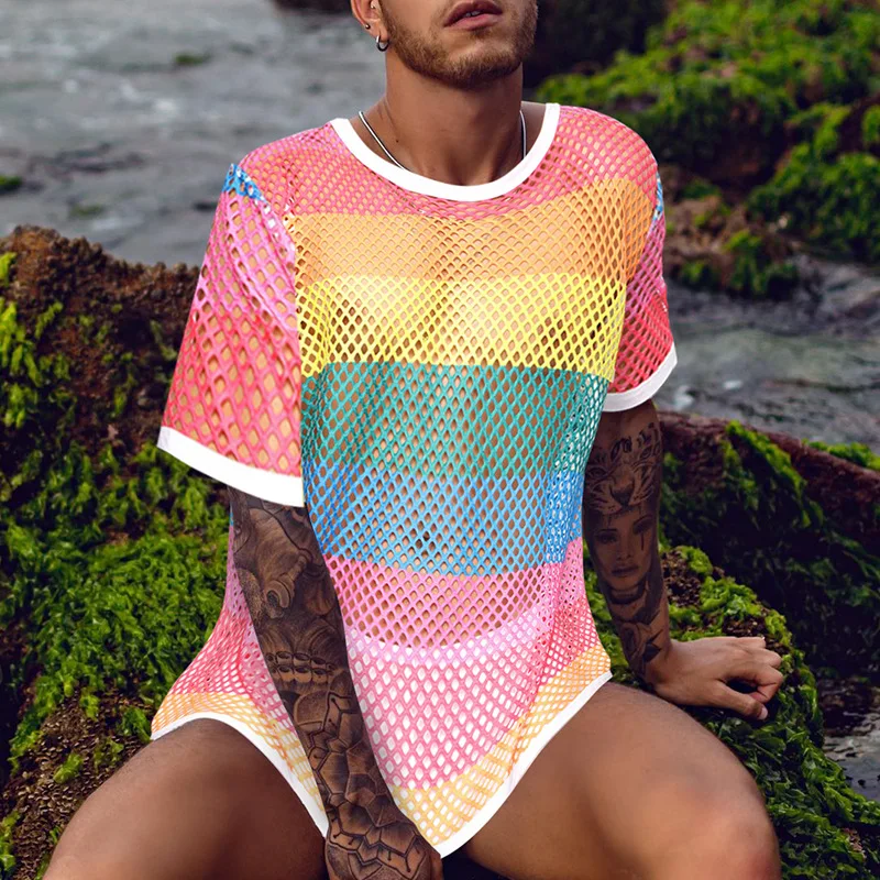 Sexy Men T-shirts Mesh See Through Shorts Sleeve Shirts Summer Outfits Plus Size Loose Casual Fishnet Pullover Rainbow T shirts
Sexy Men T-shirts Mesh See Through Shorts Sleeve Shirts Summer Outfits Plus Size Loose Casual Fishnet Pullover Rainbow T shirts