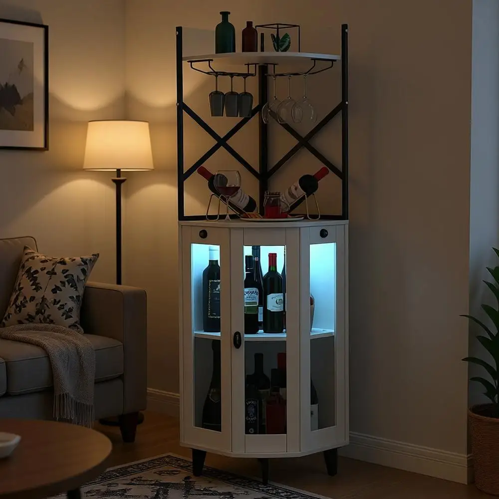 Lockable Glass Door Wine Cabinet, 4-Tier LED-Lit Liquor Bar Unit, White, for Home Bar or Dining Area
Lockable Glass Door Wine Cabinet, 4-Tier LED-Lit Liquor Bar Unit, White, for Home Bar or Dining Area