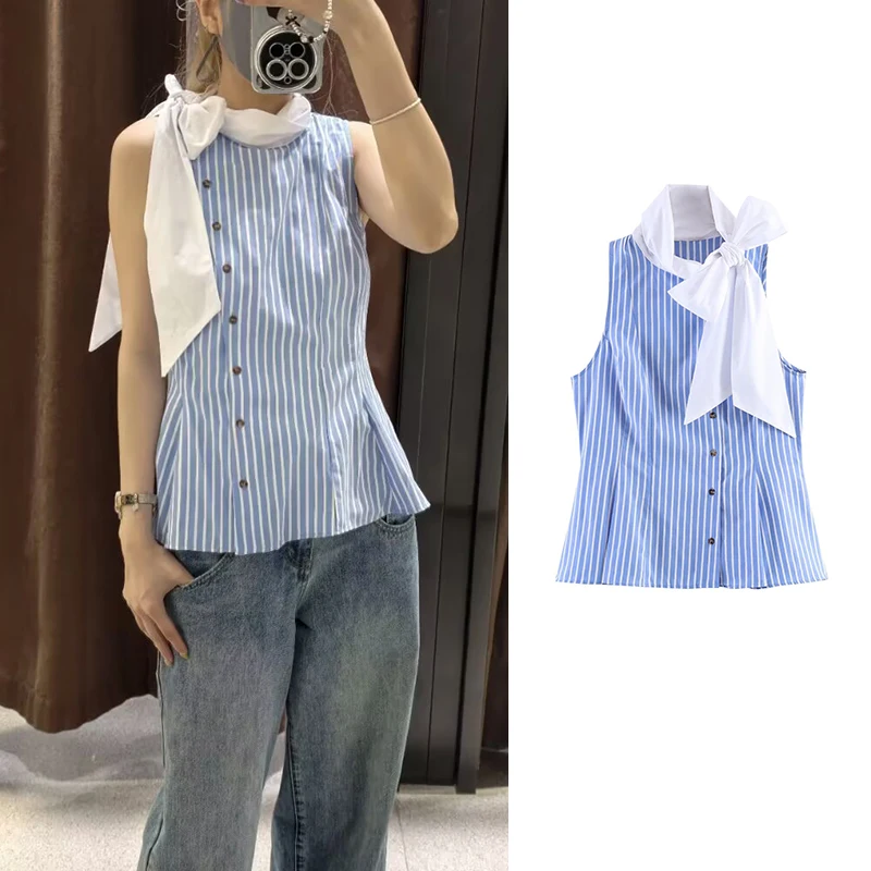 2026 Summer New Women's Shirts Tops Fashion Striped Scarf Collar Slim Blouses Street Chic Summer Travel Joker Youth Tank Tops
2026 Summer New Women's Shirts Tops Fashion Striped Scarf Collar Slim Blouses Street Chic Summer Travel Joker Youth Tank Tops