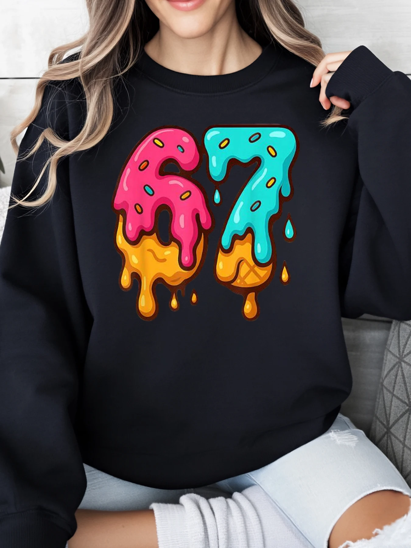 67, толстовка с принтом на день рождения и номером мороженого, женская повседневная одежда для вечеринок, черная, больших размеров
67, толстовка с принтом на день рождения и номером мороженого, женская повседневная одежда для вечеринок, черная, больших размеров