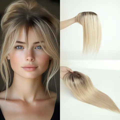 Remy Brown Blonde Ombre 14 Inch 100% Human Hair Topper Clip in Hairpiece with Bangs Real Hair Extensions Dark Root for Women