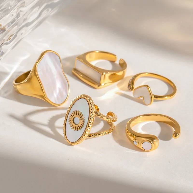 Minar Dainty Multiple White Shell Sun Heart Geometric Adjusting Open Cocktail Ring for Women Stainless Steel 18K Gold PVD Plated
Minar Dainty Multiple White Shell Sun Heart Geometric Adjusting Open Cocktail Ring for Women Stainless Steel 18K Gold PVD Plated