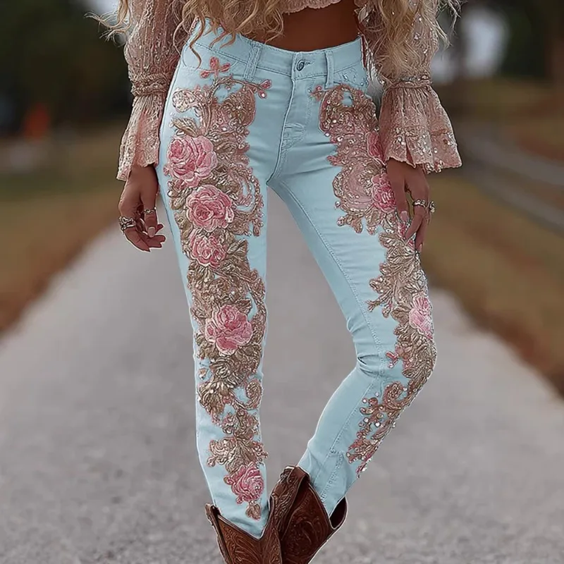 European and American cross - border printed women's fashionable and casual floral - printed straight - leg imitation jeans
European and American cross - border printed women's fashionable and casual floral - printed straight - leg imitation jeans