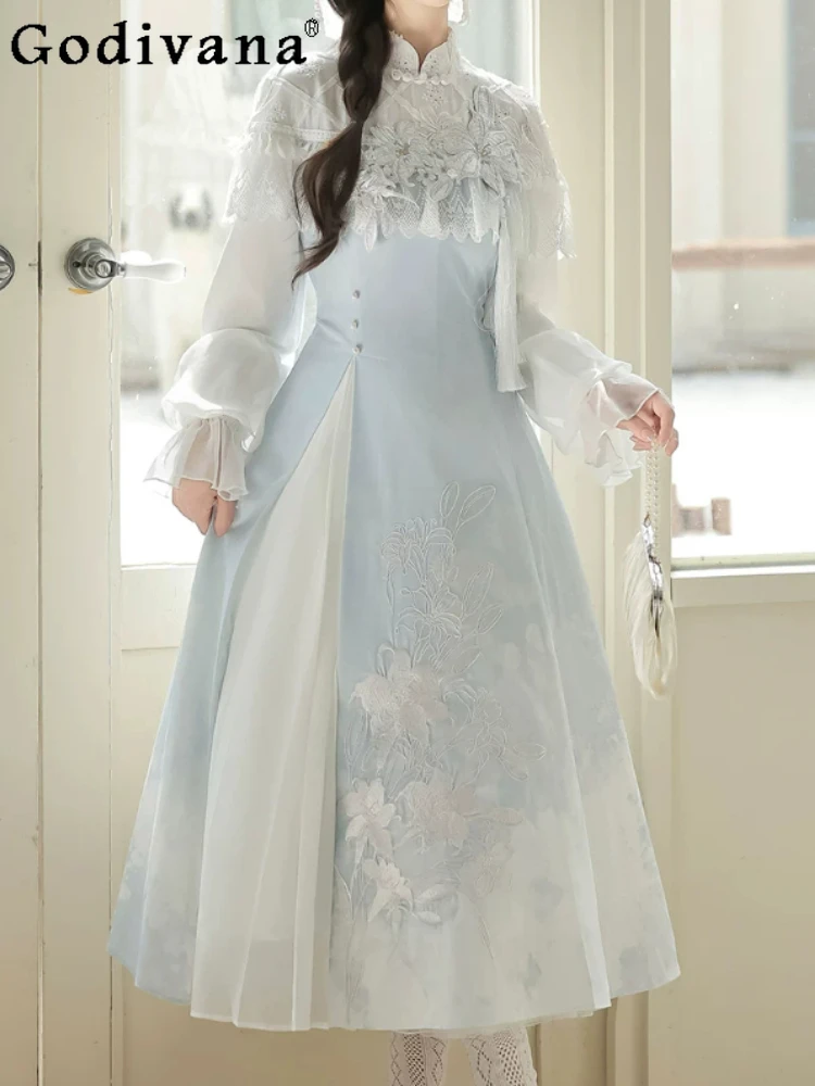 Spring New Chinese Stand-up Collar Long Sleeve Heavy Industry Dress Fashion High Waist A-line Elegant Embroidery Print Dresses
Spring New Chinese Stand-up Collar Long Sleeve Heavy Industry Dress Fashion High Waist A-line Elegant Embroidery Print Dresses