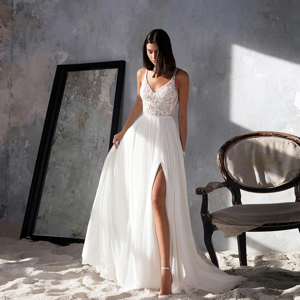 Sexy Side Slit Wedding Dresses for Women Spaghetti Straps Bridal Gowns with Chiffon Sleeveless Vestidos De Novia 2025 New Summer
Sexy Side Slit Wedding Dresses for Women Spaghetti Straps Bridal Gowns with Chiffon Sleeveless Vestidos De Novia 2025 New Summer