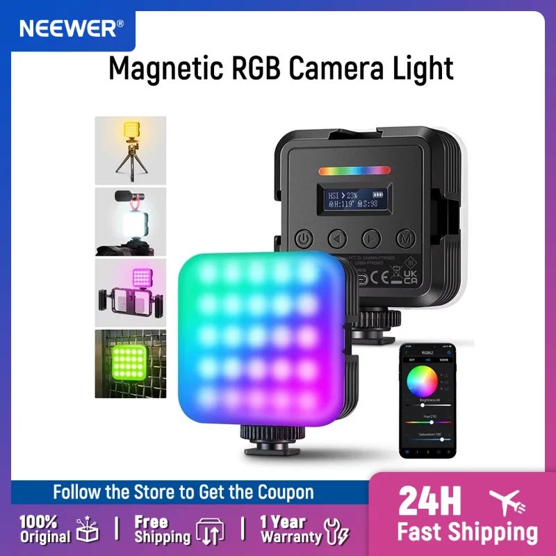 NEEWER RGB62 Magnetic RGB Video Light with Upgraded APP Control, 360° Full Color LED Camera Light with 3 Cold Shoes
NEEWER RGB62 Magnetic RGB Video Light with Upgraded APP Control, 360° Full Color LED Camera Light with 3 Cold Shoes