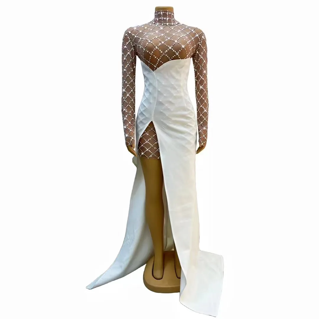 Sexy Stage Shining Silver Rhinestones Long sleevees Big Tail White Dress Set Nightclub Birthday Dance Party Collections Gowns
Sexy Stage Shining Silver Rhinestones Long sleevees Big Tail White Dress Set Nightclub Birthday Dance Party Collections Gowns