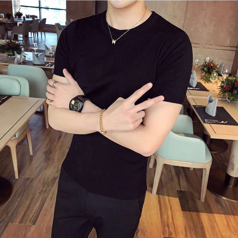 Knit sweater men's fall short sleeve slim round neck solid color inside with a base sweater
Knit sweater men's fall short sleeve slim round neck solid color inside with a base sweater