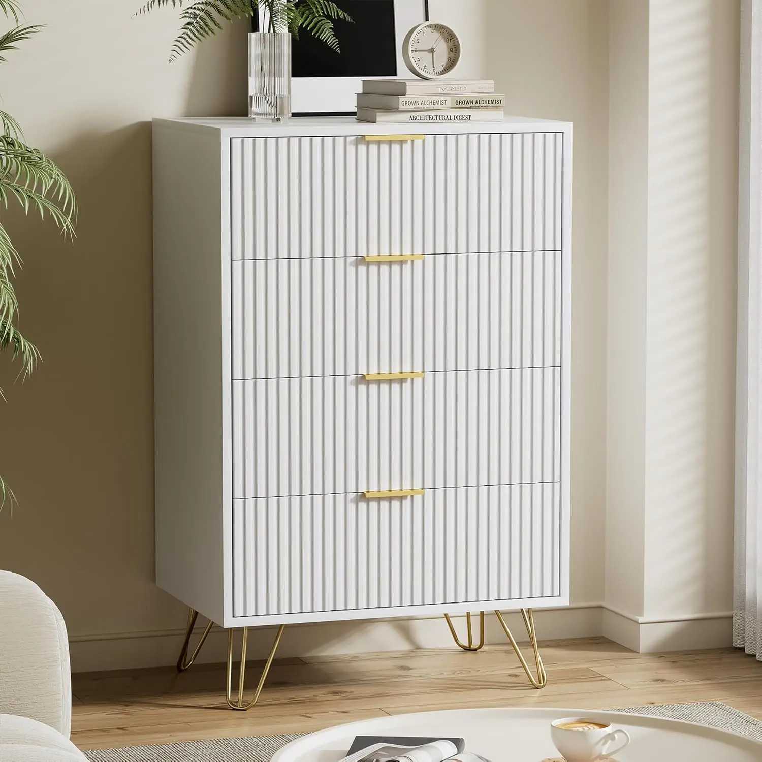 Modern Wide Dresser 4 Drawers Gold Pulls Bedroom Closet Storage 15.7x23.6x37.4in, Customized
Modern Wide Dresser 4 Drawers Gold Pulls Bedroom Closet Storage 15.7x23.6x37.4in, Customized