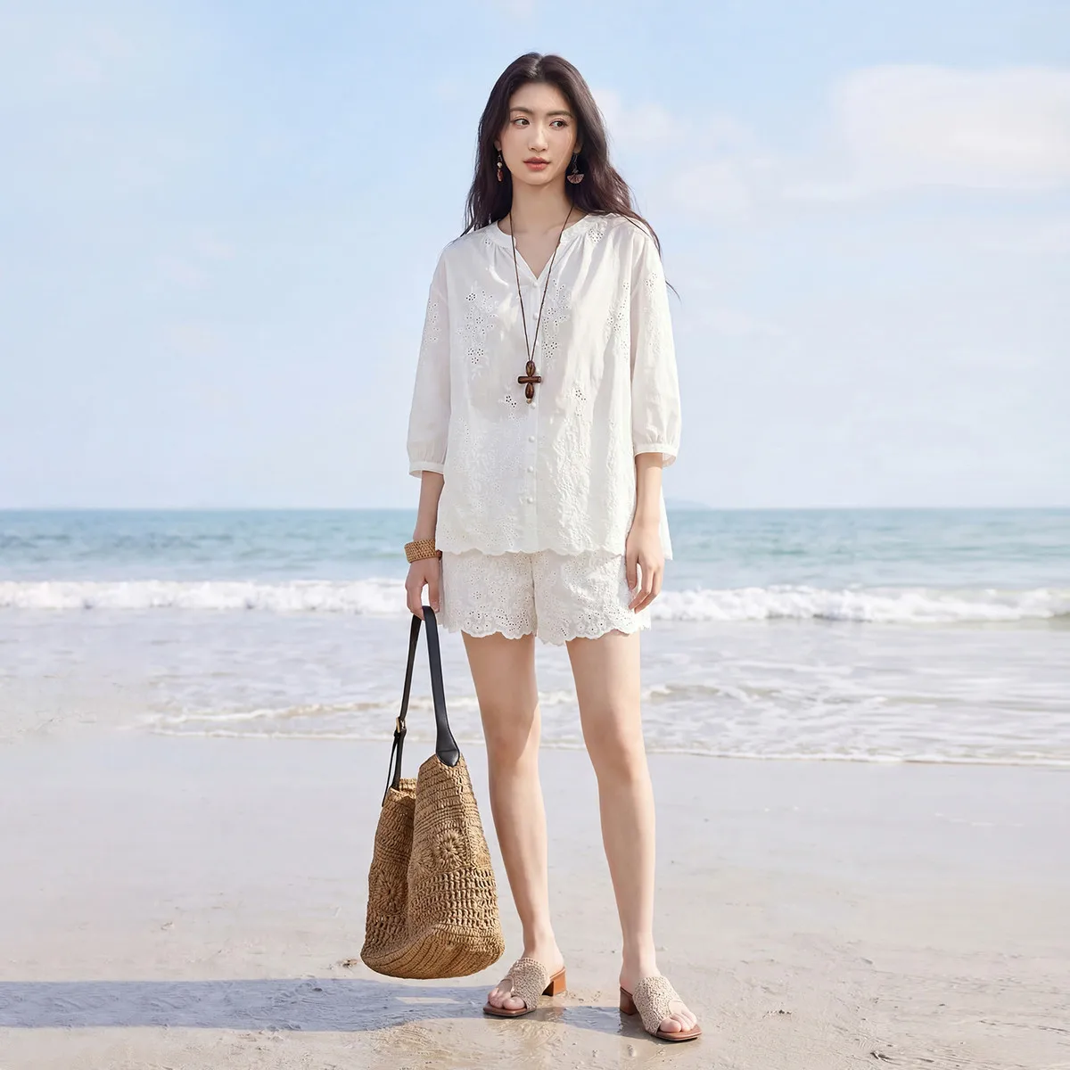 SENTUBILA Women 100% Cotton 2-Piece Set 2026 Summer Eyelet Embroidered V-Neck Shirt + Shorts Casual Vacation Outfit 161ZI4854
SENTUBILA Women 100% Cotton 2-Piece Set 2026 Summer Eyelet Embroidered V-Neck Shirt + Shorts Casual Vacation Outfit 161ZI4854