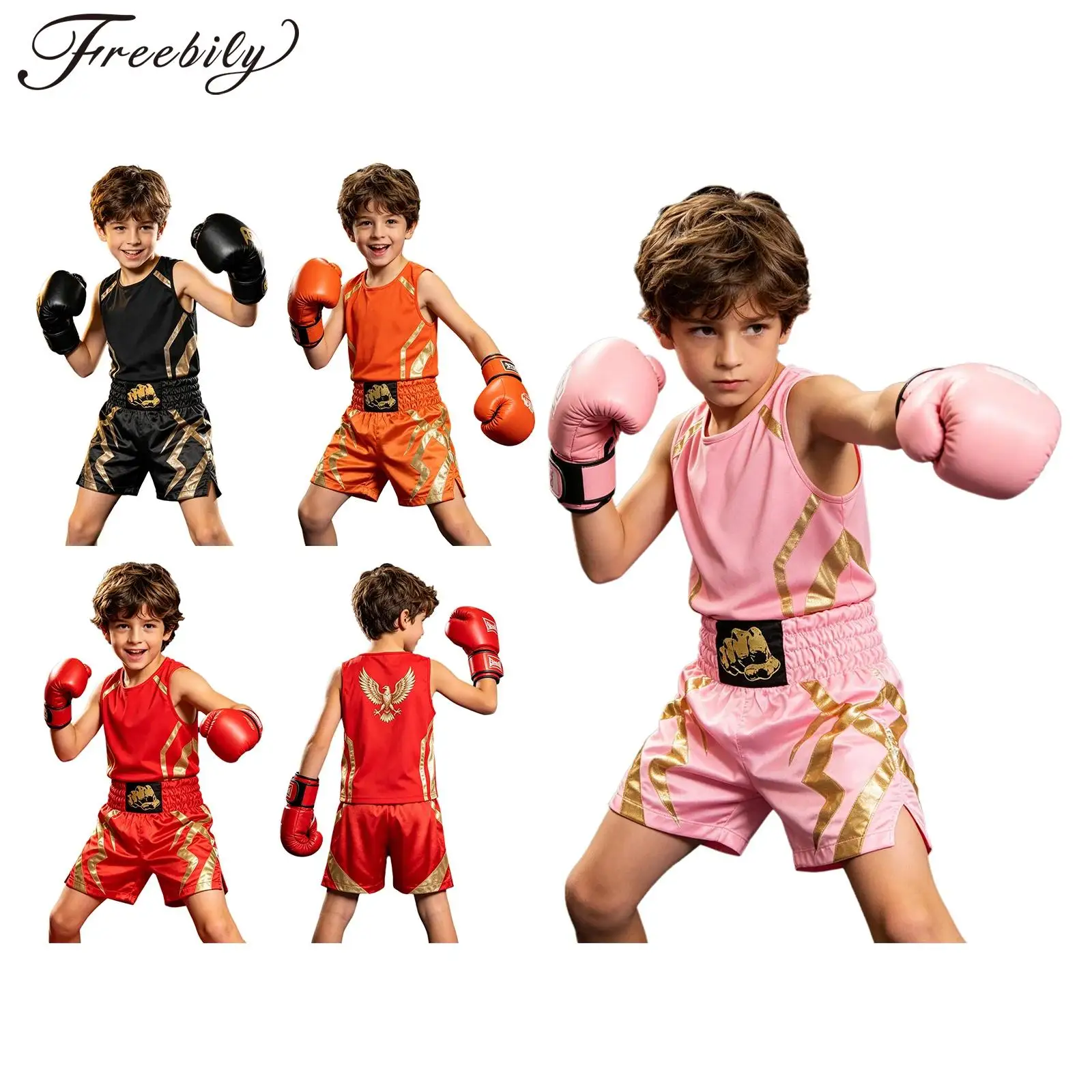 Kids Boys 2pcs Boxing Training Competition Uniform Metallic Trim Eagle Printed Vest with Satin Shorts Set
Kids Boys 2pcs Boxing Training Competition Uniform Metallic Trim Eagle Printed Vest with Satin Shorts Set