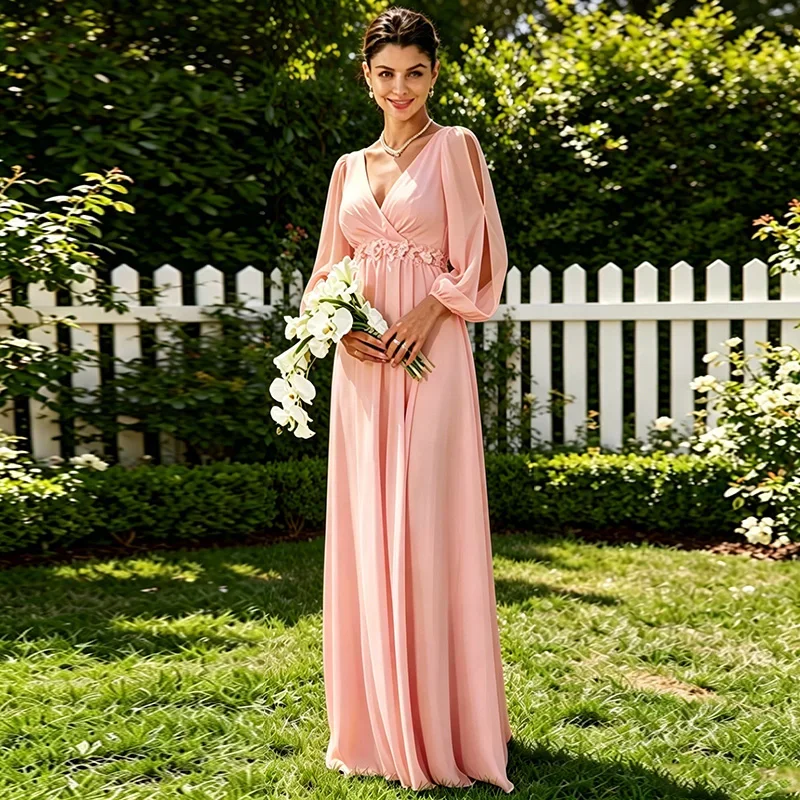 Pink Bridesmaid Dress Long Sleeve V-Neck A-Line Empire Waist Wedding Guest Formal Evening Party Gown
Pink Bridesmaid Dress Long Sleeve V-Neck A-Line Empire Waist Wedding Guest Formal Evening Party Gown