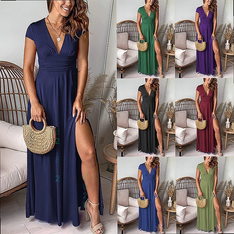 Women Deep V Neck Short Sleeve Maxi Dress Ruched High Slit Club Party Evening Dress Dresses
Women Deep V Neck Short Sleeve Maxi Dress Ruched High Slit Club Party Evening Dress Dresses