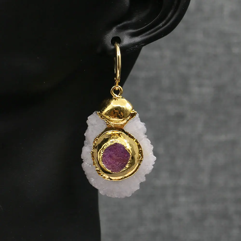 Natural White Quartz Druzy Cluster Purple Crystal Gold color Plated Dangle Hook Earrings
Natural White Quartz Druzy Cluster Purple Crystal Gold color Plated Dangle Hook Earrings