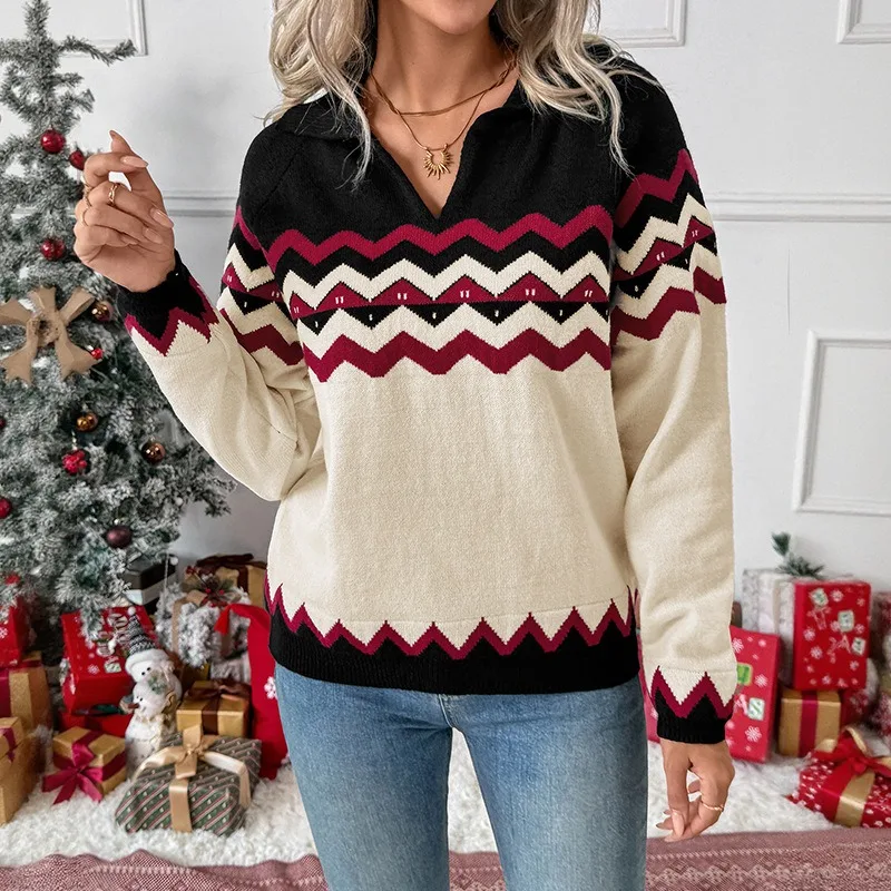 Новый осенне-зимний жаккардовый вязаный свитер в стиле ретро, пуловер с воротником-поло контрастного цвета, свитер
Новый осенне-зимний жаккардовый вязаный свитер в стиле ретро, пуловер с воротником-поло контрастного цвета, свитер