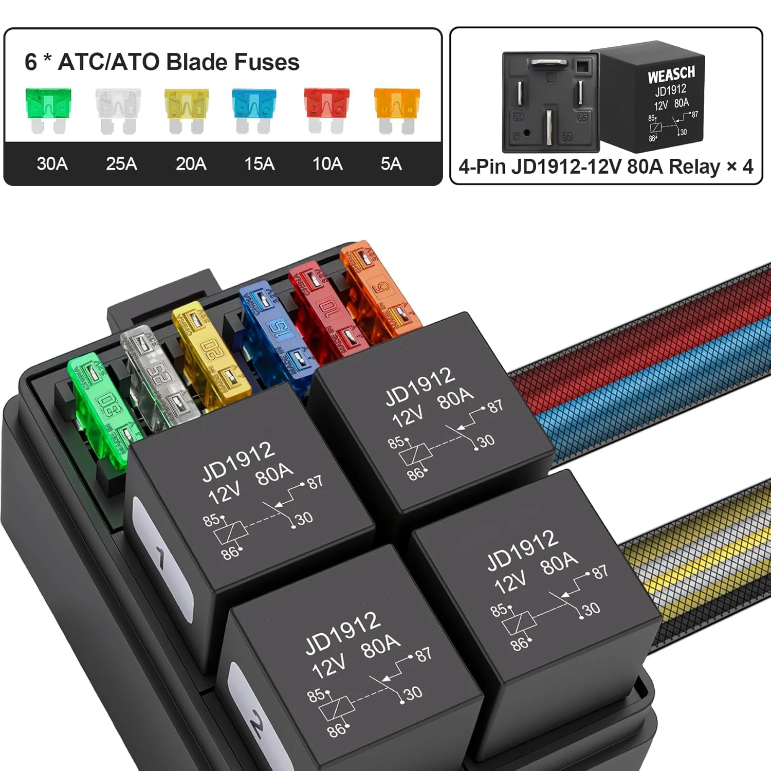 12V Pre-Wired Fuse Relay Box , 4-Way 40A Relay Panel and 6-Slot ATC/ATO Fuse Block, Waterproof Automotive Relay Box
12V Pre-Wired Fuse Relay Box , 4-Way 40A Relay Panel and 6-Slot ATC/ATO Fuse Block, Waterproof Automotive Relay Box