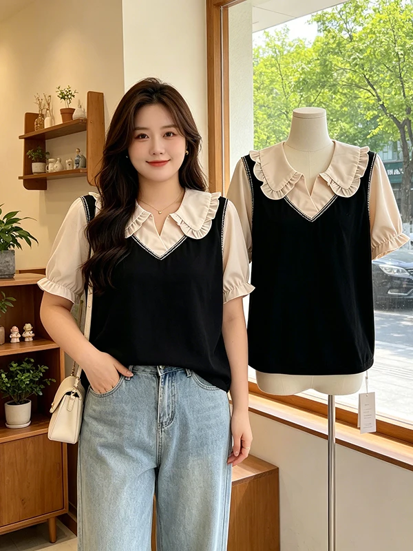 plus Size Summer Shirt Korean Style Short Sleeve Concealed Belly Doll Collar Splice Fake Two-Piece Slimming Top for Women
plus Size Summer Shirt Korean Style Short Sleeve Concealed Belly Doll Collar Splice Fake Two-Piece Slimming Top for Women