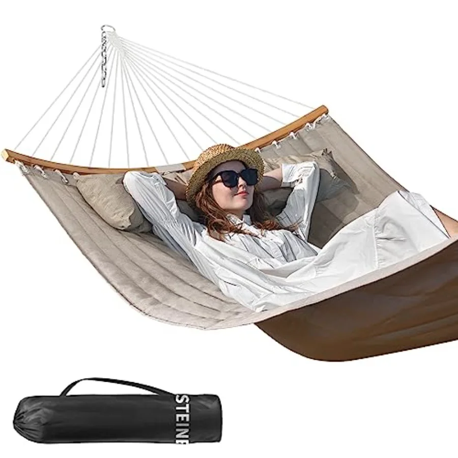 Double 11 FT Quilted Fabric 2 Person Hammock for Outside with Pillow Folding Curved Spreader Bar Chains Carrying Bag Indoor Out
Double 11 FT Quilted Fabric 2 Person Hammock for Outside with Pillow Folding Curved Spreader Bar Chains Carrying Bag Indoor Out