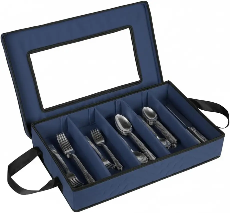 Футляр для хранения столовых приборов — контейнер для столового серебра с 5 отделениями и крышками и ручками, синий, большой вместительности
Футляр для хранения столовых приборов — контейнер для столового серебра с 5 отделениями и крышками и ручками, синий, большой вместительности
