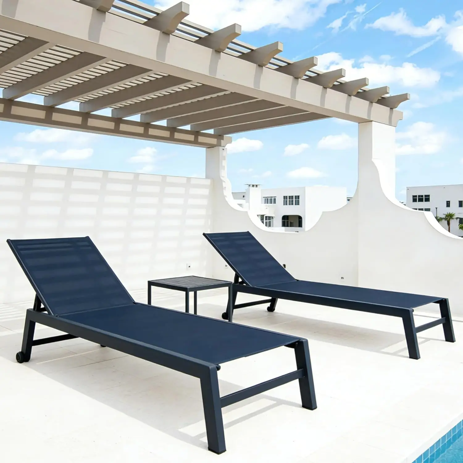 Patio Chaise Lounge Set 2 Pieces Textilene Pool Lounge Chairs with Wheels Sunbathing Chair for Outdoor Yard (2 Navy Blue Lounges
Patio Chaise Lounge Set 2 Pieces Textilene Pool Lounge Chairs with Wheels Sunbathing Chair for Outdoor Yard (2 Navy Blue Lounges