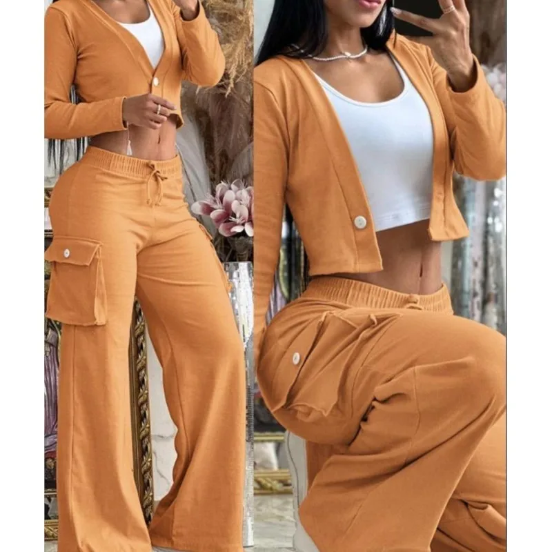 Autumn Fashionable And Elegant Solid Color Women's Suit Long-sleeved V-neck Short Coat Pocket Wide-leg Drawstring Trousers Suit
Autumn Fashionable And Elegant Solid Color Women's Suit Long-sleeved V-neck Short Coat Pocket Wide-leg Drawstring Trousers Suit