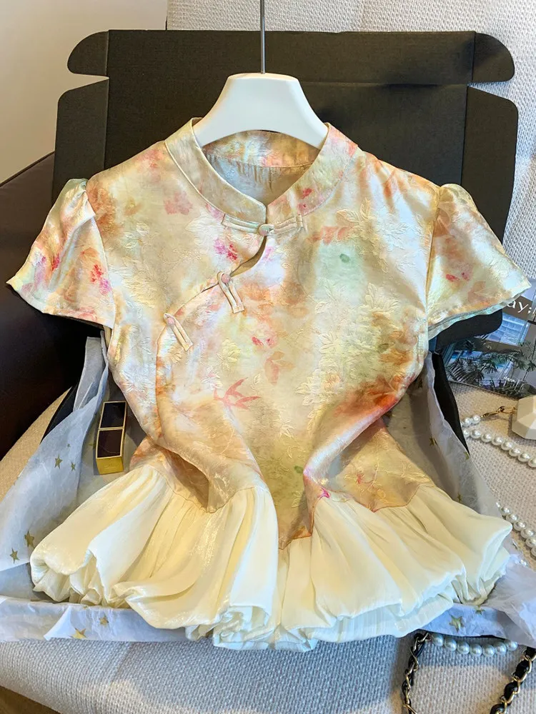 New Chinese Style Small Stand Collar Embroidered Short Sleeve Shirt Women Summer New Lotus Leaf Printed Small Shirt
New Chinese Style Small Stand Collar Embroidered Short Sleeve Shirt Women Summer New Lotus Leaf Printed Small Shirt