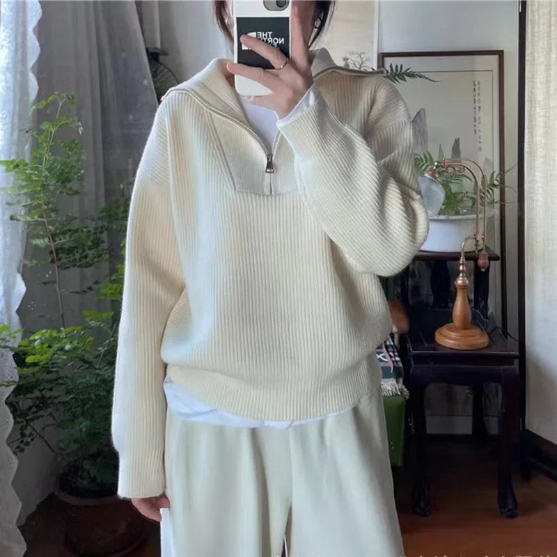 Women Turn Down Collar Sweaters Half Zipper Splice Casual Pullovers Thick Loose Solid Full Sleeve Jumpers Elegant Lady Autumn
Women Turn Down Collar Sweaters Half Zipper Splice Casual Pullovers Thick Loose Solid Full Sleeve Jumpers Elegant Lady Autumn