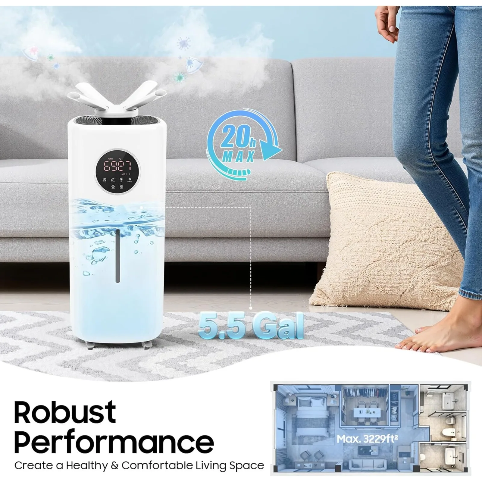 21L Large Humidifier for Home 3000 sq.ft, 5.5Gal Whole House Ultrasonic Humidifier w/3 Mist Levels, 360° Nozzles &Remote Control
21L Large Humidifier for Home 3000 sq.ft, 5.5Gal Whole House Ultrasonic Humidifier w/3 Mist Levels, 360° Nozzles &Remote Control