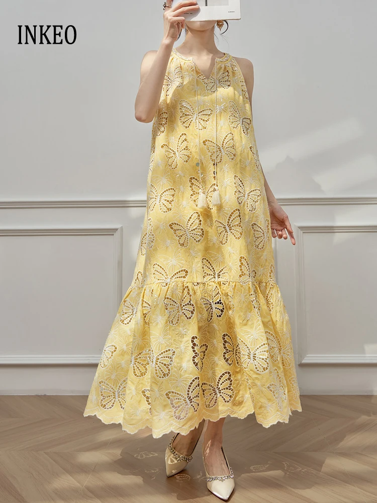 Beach style Hollow out lace dress Women's 2026 Summer Luxury O-neck Sleeveless long dresses Loose Yellow Vintage INKEO 6D072
Beach style Hollow out lace dress Women's 2026 Summer Luxury O-neck Sleeveless long dresses Loose Yellow Vintage INKEO 6D072