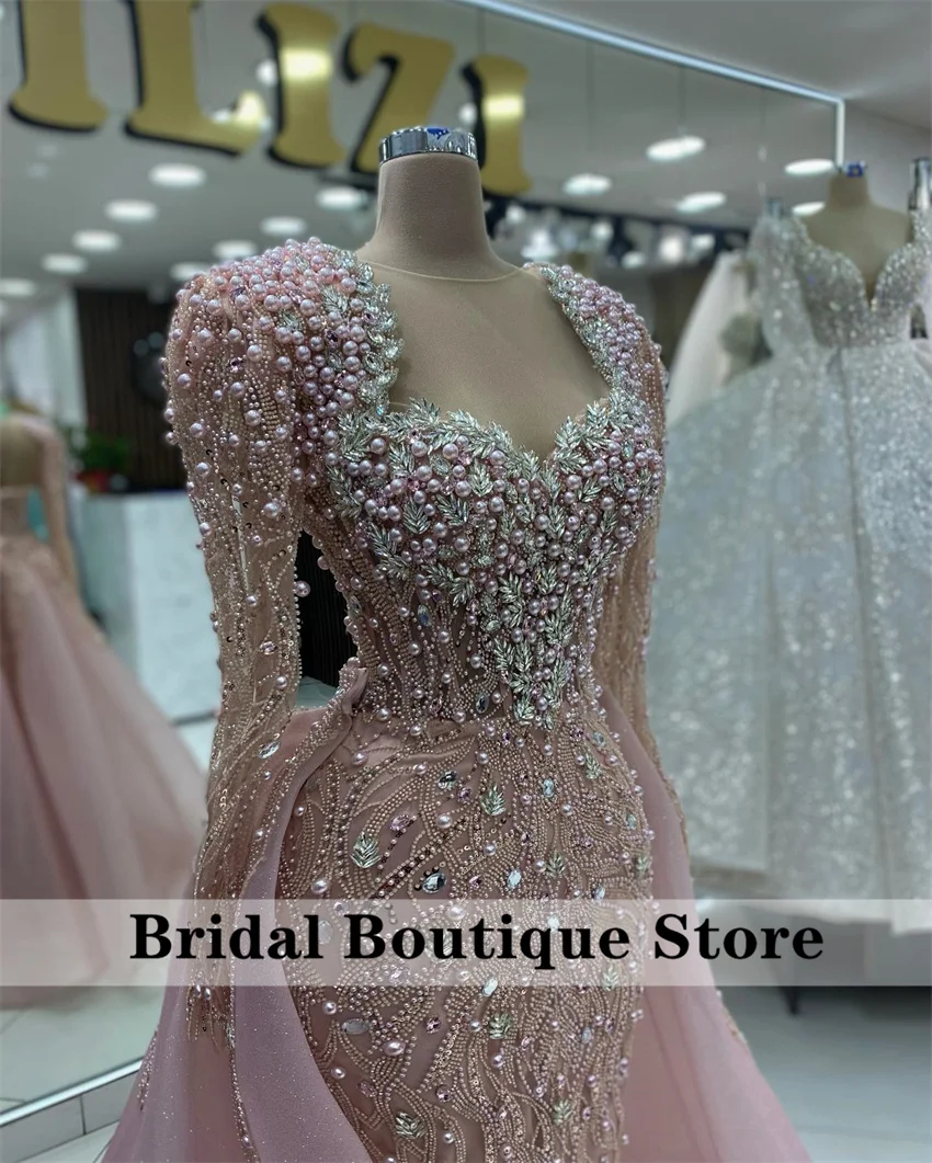 Exquisite Pink Mermaid Evening Dress Beading Crystals Rhinestones Pearls Glitter Long Sleeves Prom Party Dress Customized
Exquisite Pink Mermaid Evening Dress Beading Crystals Rhinestones Pearls Glitter Long Sleeves Prom Party Dress Customized