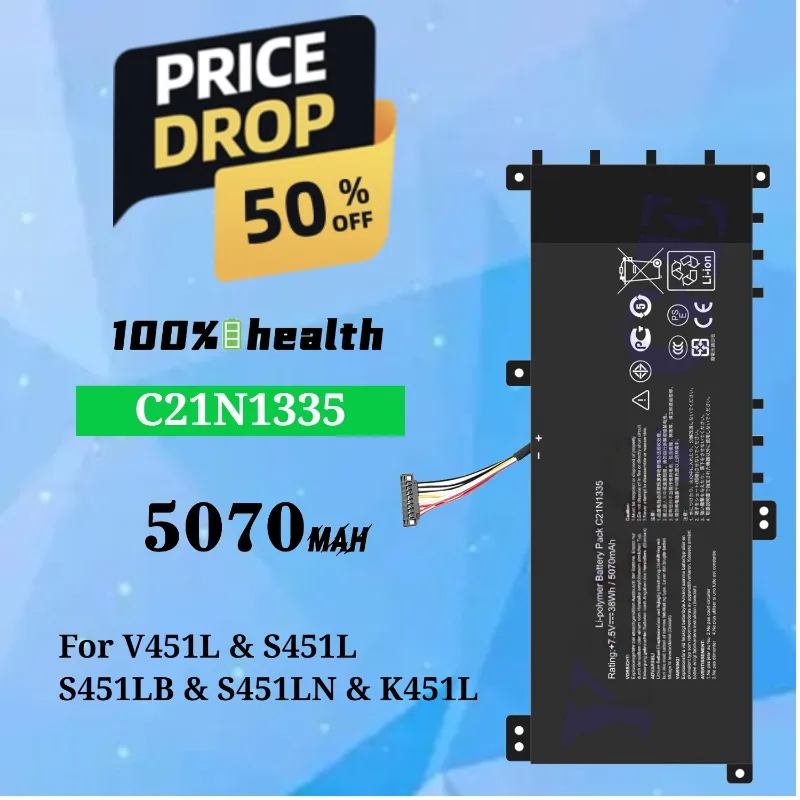C21N1335 5070mAh laptop battery for ASUS V451L/S451L/S451LB/S451LN/K451L Lithium Rechargeable Battery
C21N1335 5070mAh laptop battery for ASUS V451L/S451L/S451LB/S451LN/K451L Lithium Rechargeable Battery