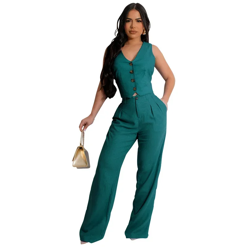 Fashion Elegant Two Piece Set for Women Workwear Office Lady Sleeveless Vest Single-breasted Top + Wide Leg Pants Matching Sets
Fashion Elegant Two Piece Set for Women Workwear Office Lady Sleeveless Vest Single-breasted Top + Wide Leg Pants Matching Sets