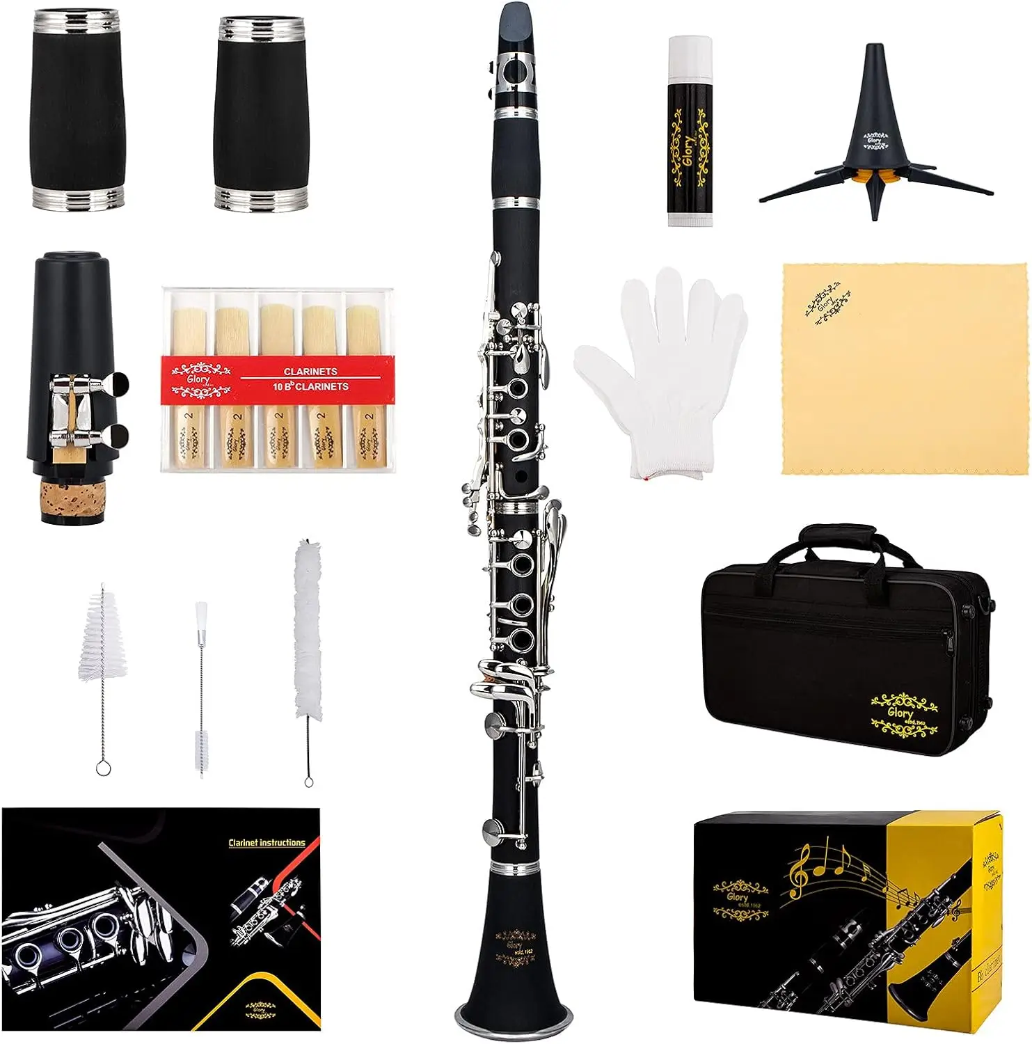 Professional Ebonite Bb Clarinet with 10 Reeds, Stand, Hard Case, Cleaning Kit, Black
Professional Ebonite Bb Clarinet with 10 Reeds, Stand, Hard Case, Cleaning Kit, Black