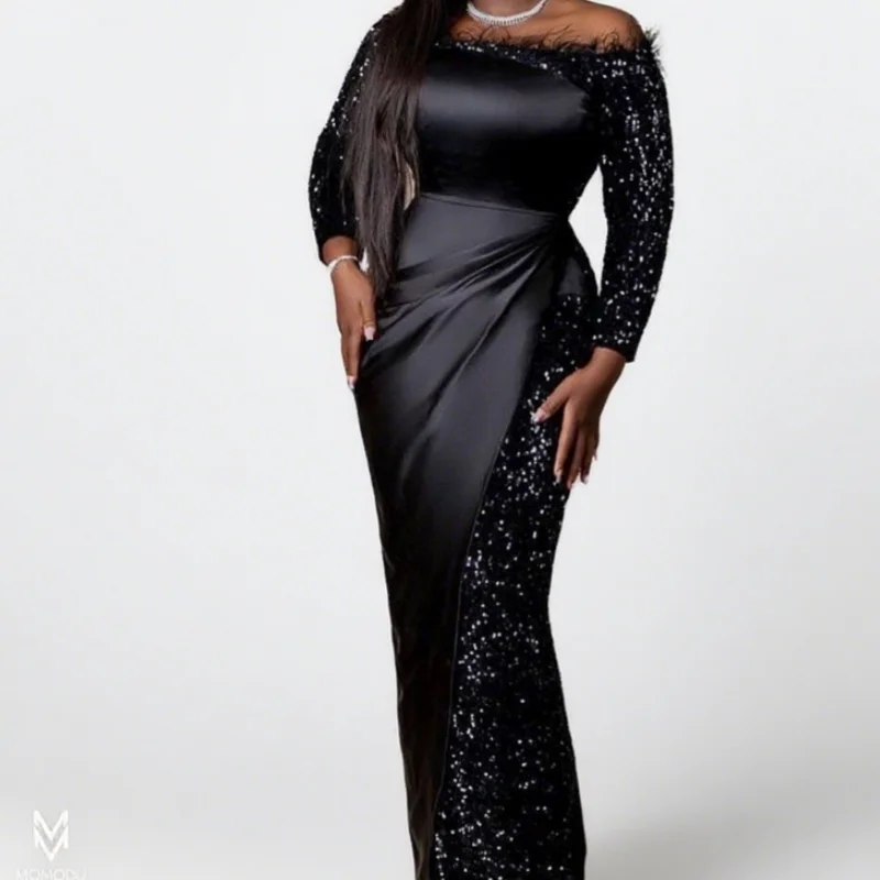 Elegant Sequined Mermaid Long Sleeves Prom Gowns Off The Shoulder Neckline Feathers Satin Formal Wear For Special Occasions
Elegant Sequined Mermaid Long Sleeves Prom Gowns Off The Shoulder Neckline Feathers Satin Formal Wear For Special Occasions